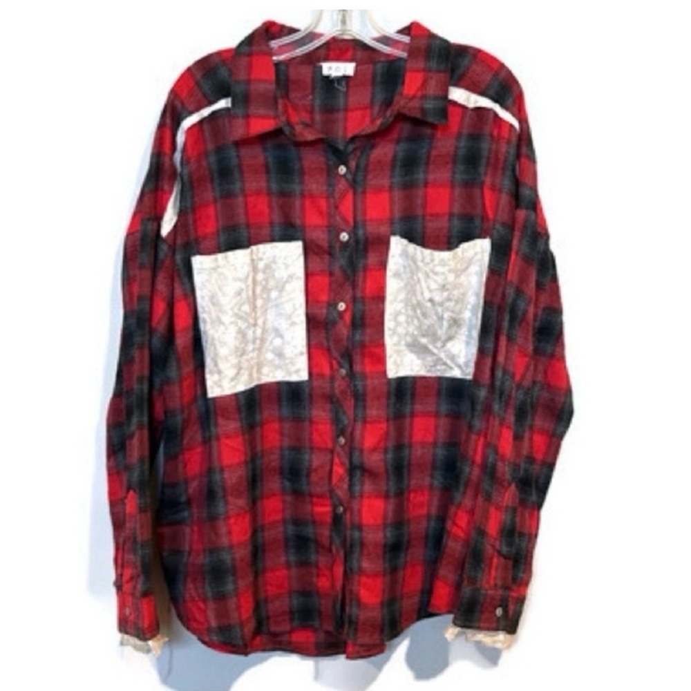 Pol Button Front Lightweight Flannel Red And Blac… - image 6